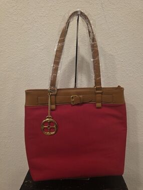 NWT IMAN Red Canvas Tote with Tan Trim and Gold Charm Accent